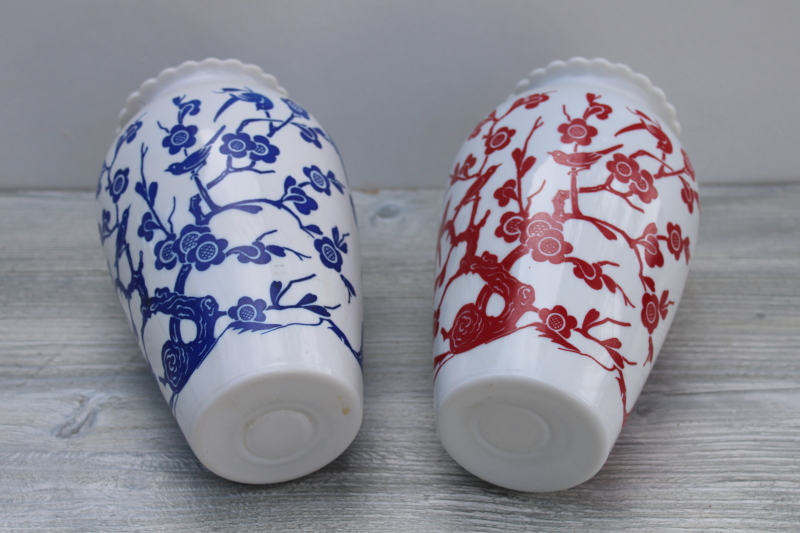 photo of 1940s vintage AH Vitrock milk glass vases, red blue cherry blossoms birds print #6