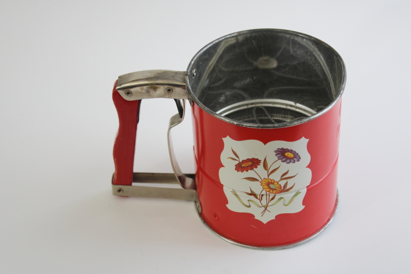photo of 1940s vintage Androck Hand-i-Sift flour sifter, red w/ flowered print, retro kitchenware #1