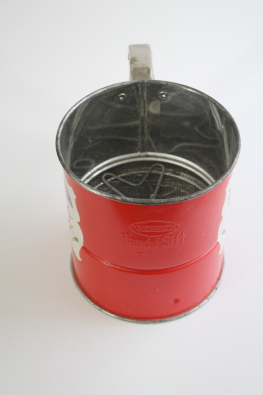 photo of 1940s vintage Androck Hand-i-Sift flour sifter, red w/ flowered print, retro kitchenware #2