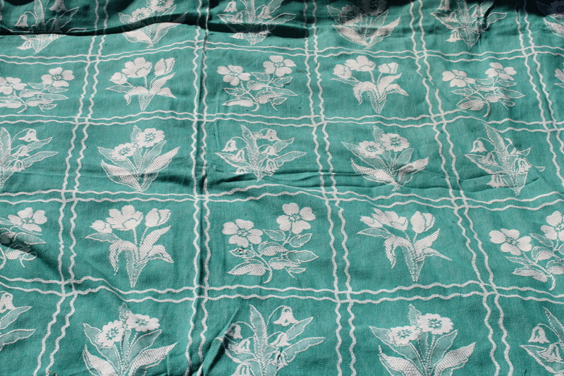 photo of 1940s vintage Bates woven cotton bedspread, jade green & white floral blocks #2