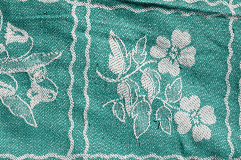 photo of 1940s vintage Bates woven cotton bedspread, jade green & white floral blocks #6