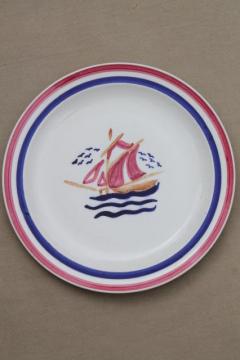 catalog photo of 1940s vintage Blue Ridge pottery plate, rare red white blue tall ship sailboat
