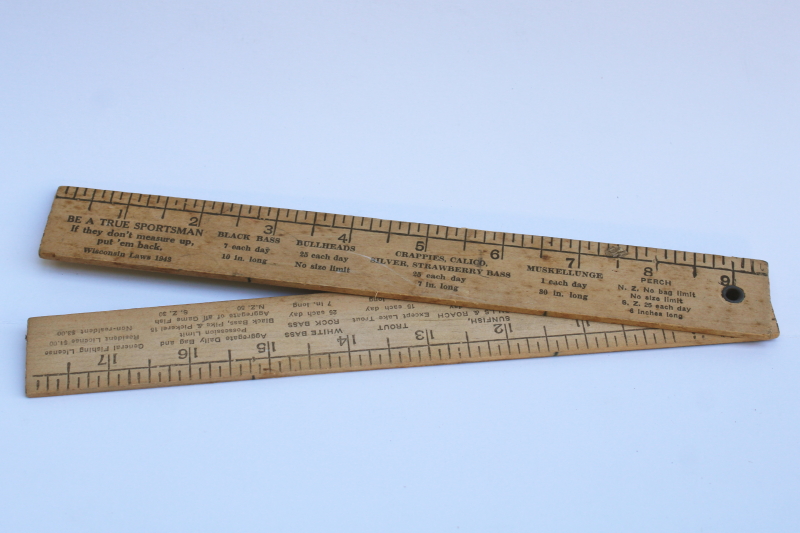 photo of 1940s vintage Cap's Tavern Fond du Lac advertising, folding wood ruler fisherman's fish measure scale  #5