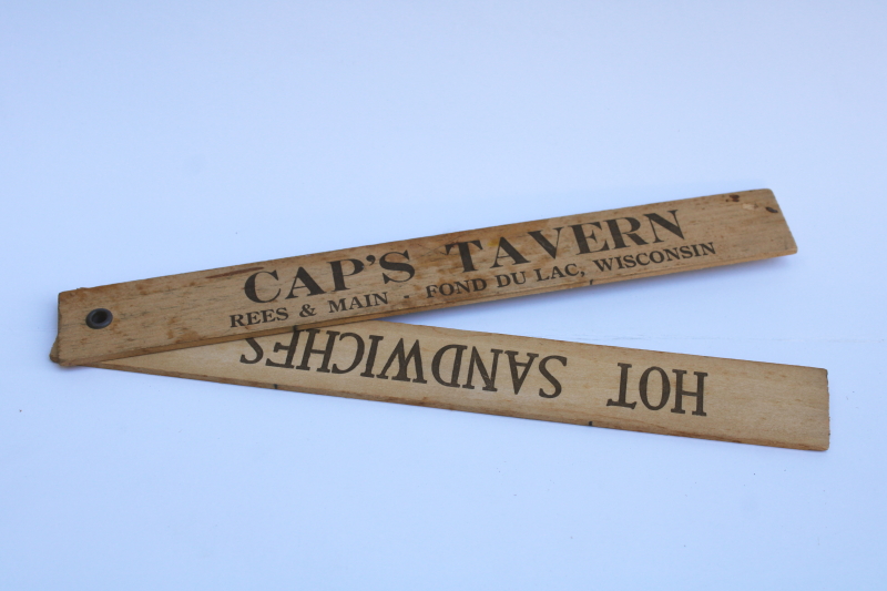 photo of 1940s vintage Cap's Tavern Fond du Lac advertising, folding wood ruler fisherman's fish measure scale  #6