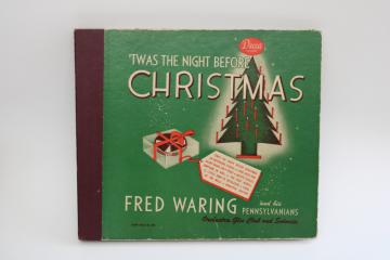 catalog photo of 1940s vintage Christmas graphics, old 78 records album (empty) Fred Waring big band carols