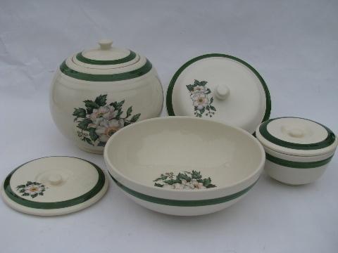 photo of 1940s vintage Cronin Bake Oven proof china kitchenware, white & pink floral, green band border #1