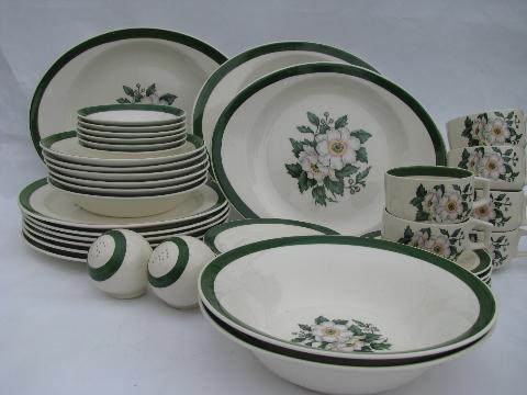 photo of 1940s vintage Cronin china set for six, white & pink floral, green band border #1