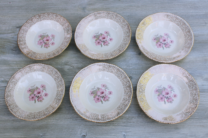 photo of 1940s vintage Homer Laughlin soup bowls gold filigree border pink apple blossom floral #1