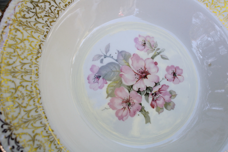 photo of 1940s vintage Homer Laughlin soup bowls gold filigree border pink apple blossom floral #3