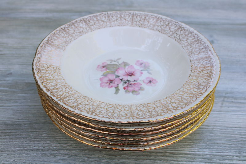 photo of 1940s vintage Homer Laughlin soup bowls gold filigree border pink apple blossom floral #6