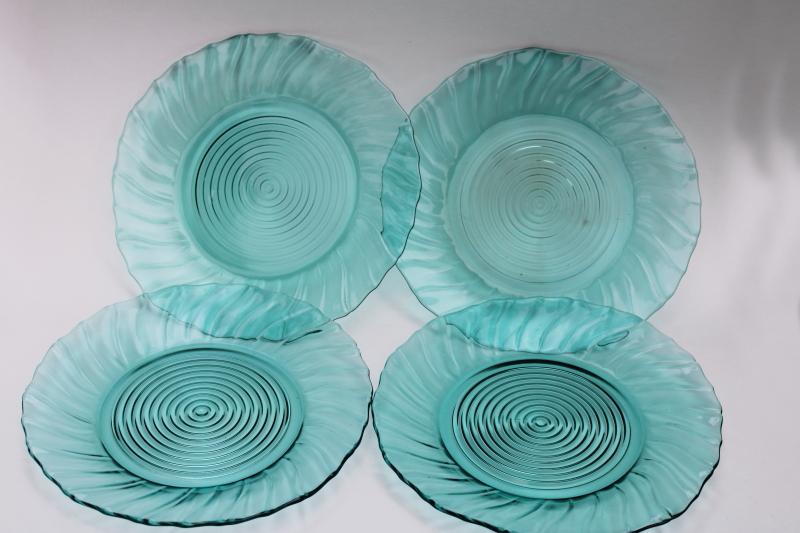 photo of 1940s vintage Jeannette swirl ultramarine teal glass, set of four dinner plates #1