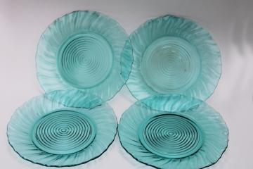 catalog photo of 1940s vintage Jeannette swirl ultramarine teal glass, set of four dinner plates