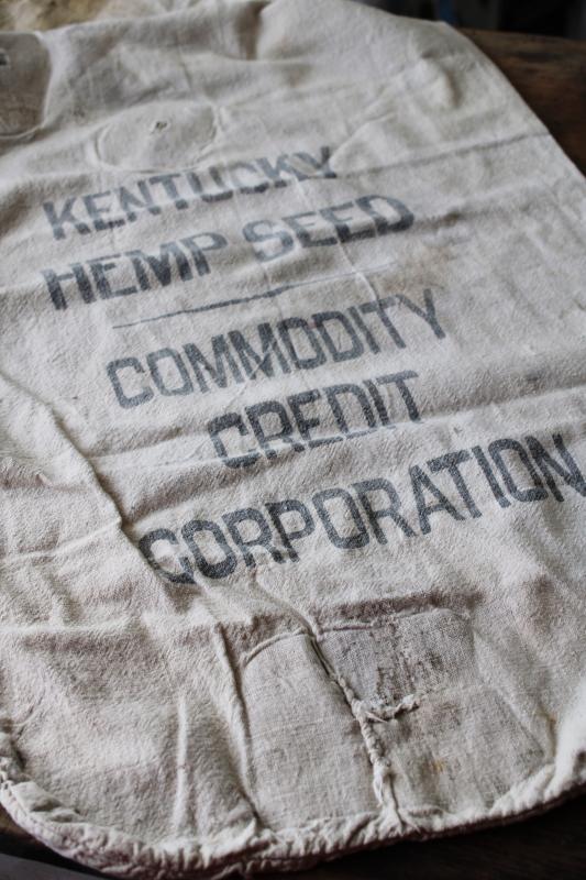 photo of 1940s vintage Kentucky Hemp Seed printed cotton sack, worn patched old feedsack #1