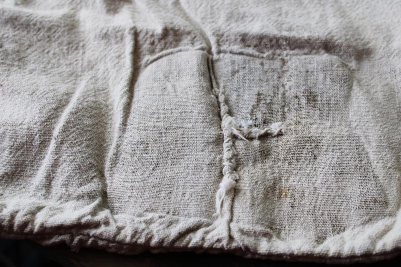 photo of 1940s vintage Kentucky Hemp Seed printed cotton sack, worn patched old feedsack #2