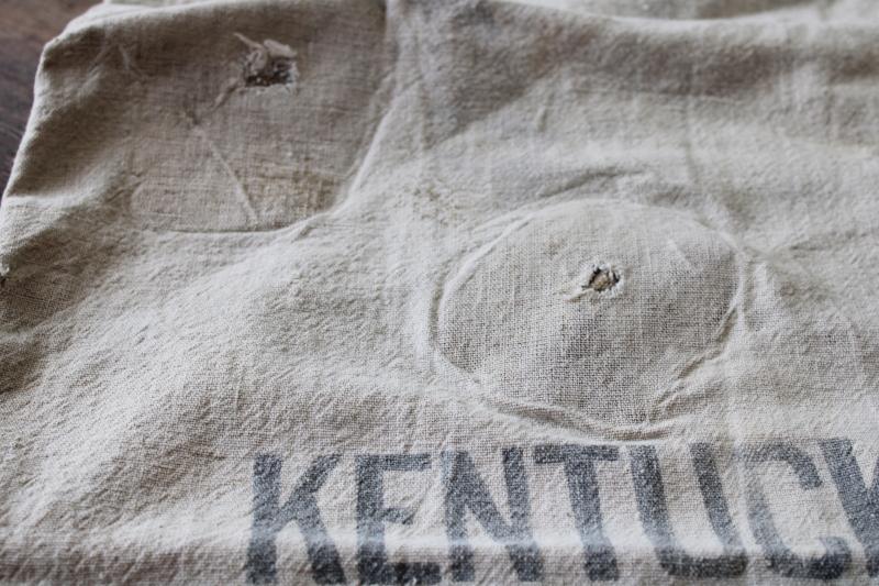 photo of 1940s vintage Kentucky Hemp Seed printed cotton sack, worn patched old feedsack #4