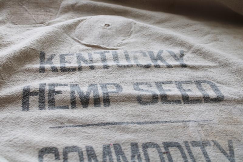 photo of 1940s vintage Kentucky Hemp Seed printed cotton sack, worn patched old feedsack #8