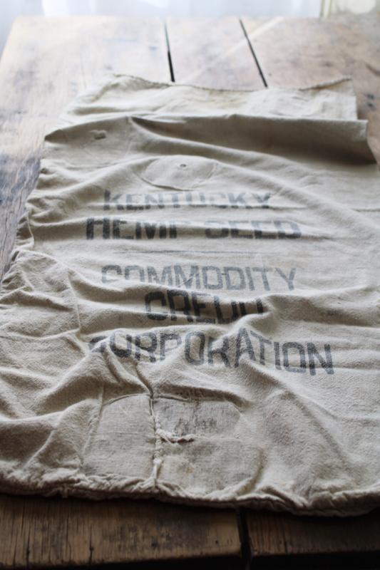 photo of 1940s vintage Kentucky Hemp Seed printed cotton sack, worn patched old feedsack #9