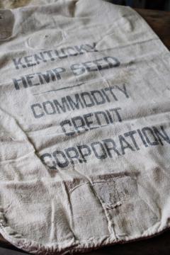 catalog photo of 1940s vintage Kentucky Hemp Seed printed cotton sack, worn patched old feedsack