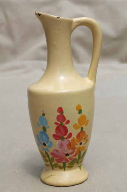 photo of 1940s vintage Mackinac Island souvenir, pottery pitcher w/ handpainted hollyhocks #1