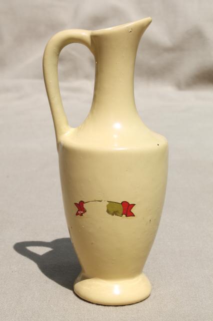 photo of 1940s vintage Mackinac Island souvenir, pottery pitcher w/ handpainted hollyhocks #3