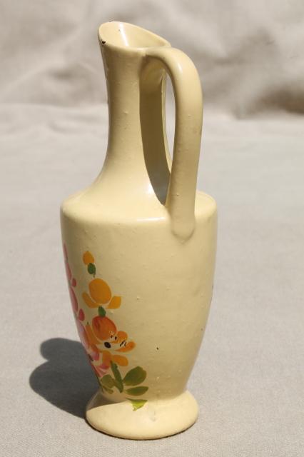 photo of 1940s vintage Mackinac Island souvenir, pottery pitcher w/ handpainted hollyhocks #4