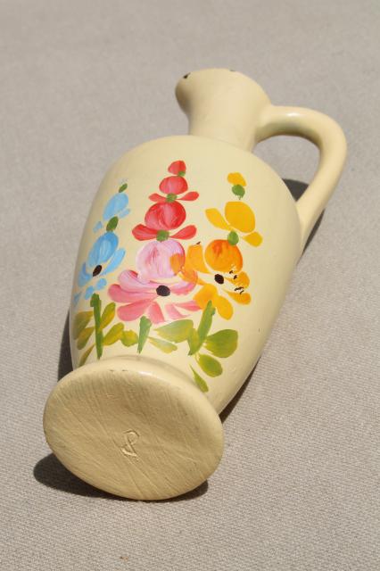 photo of 1940s vintage Mackinac Island souvenir, pottery pitcher w/ handpainted hollyhocks #5