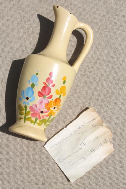 photo of 1940s vintage Mackinac Island souvenir, pottery pitcher w/ handpainted hollyhocks #7