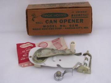 catalog photo of 1940s vintage Magic Hostess magnetic kitchen can opener, never used