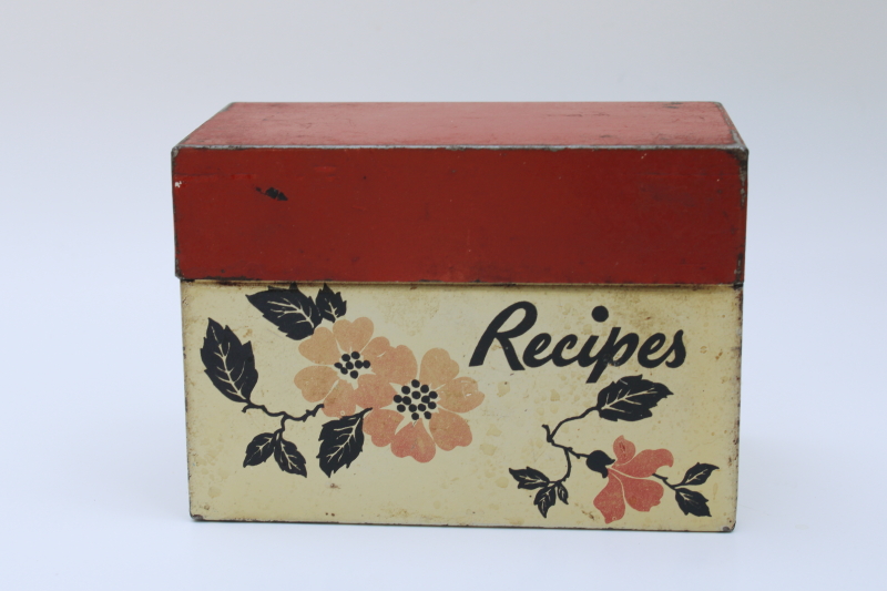 photo of 1940s vintage Ohio Art metal recipe cards box, Hall Red Poppy go-along to match the dinnerware #1