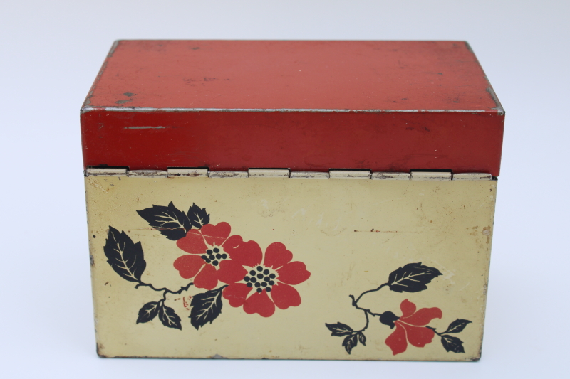 photo of 1940s vintage Ohio Art metal recipe cards box, Hall Red Poppy go-along to match the dinnerware #3