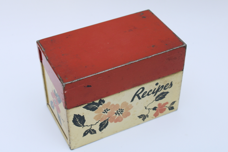photo of 1940s vintage Ohio Art metal recipe cards box, Hall Red Poppy go-along to match the dinnerware #4