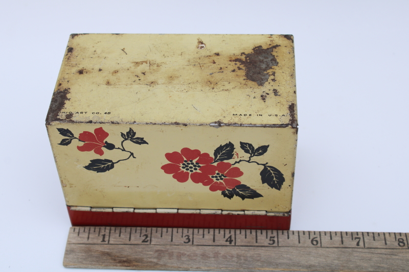 photo of 1940s vintage Ohio Art metal recipe cards box, Hall Red Poppy go-along to match the dinnerware #5