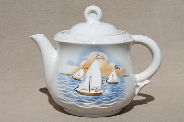 photo of 1940s vintage Porcelier china teapot or coffee pot, sailboats sailing  #1