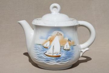 catalog photo of 1940s vintage Porcelier china teapot or coffee pot, sailboats sailing 