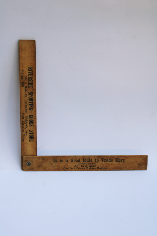 photo of 1940s vintage Riverside Sporting Goods Main St Oshkosh advertising, folding wood ruler fisherman's fish measure scale  #1