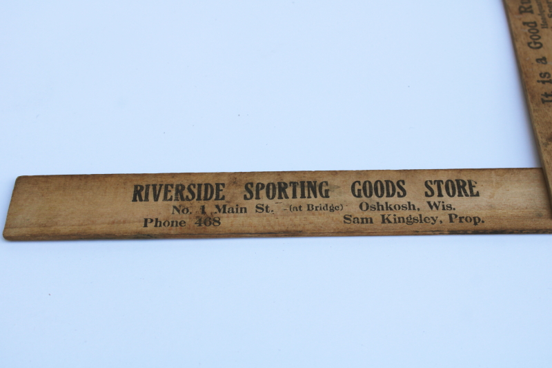 photo of 1940s vintage Riverside Sporting Goods Main St Oshkosh advertising, folding wood ruler fisherman's fish measure scale  #3
