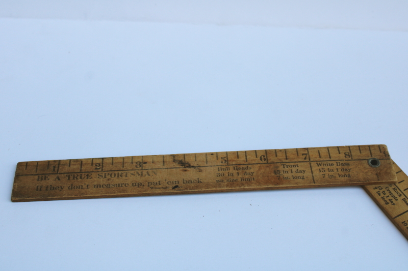 photo of 1940s vintage Riverside Sporting Goods Main St Oshkosh advertising, folding wood ruler fisherman's fish measure scale  #4