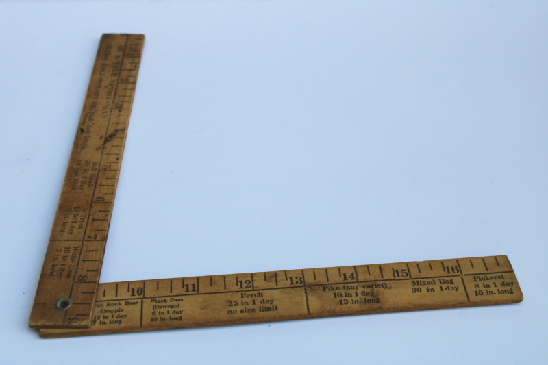 photo of 1940s vintage Riverside Sporting Goods Main St Oshkosh advertising, folding wood ruler fisherman's fish measure scale  #5