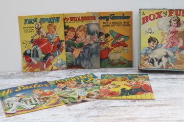 catalog photo of 1940s vintage Saalfield color & paint books w/ retro cover art, unused in original gift box