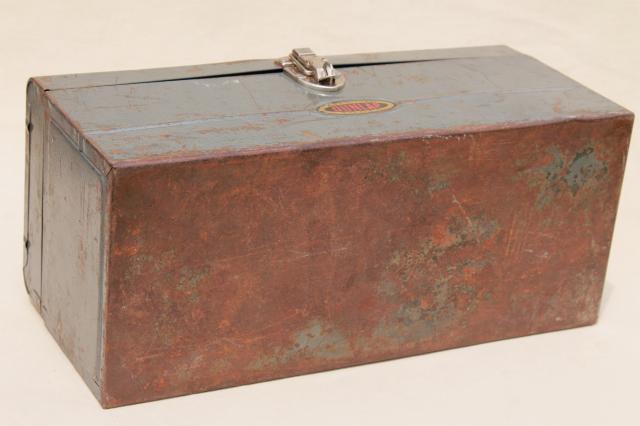 photo of 1940s vintage Sears Roebuck Dunlap tool box, rustic industrial all metal toolbox #8