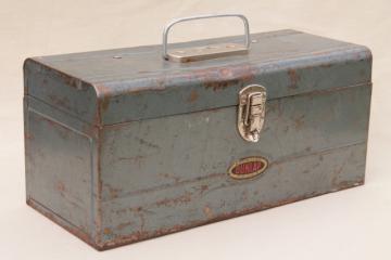 catalog photo of 1940s vintage Sears Roebuck Dunlap tool box, rustic industrial all metal toolbox