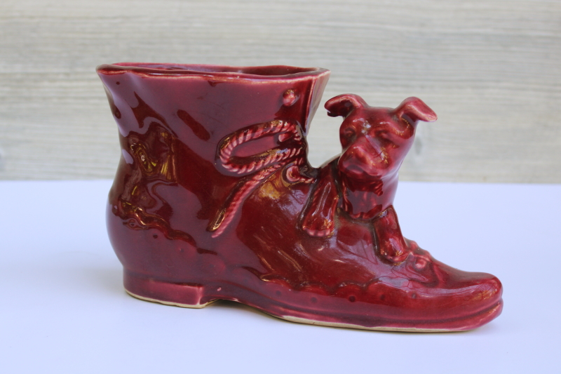 photo of 1940s vintage Shawnee pottery planter, shoe or boot w/ puppy dog burgundy glaze  #1