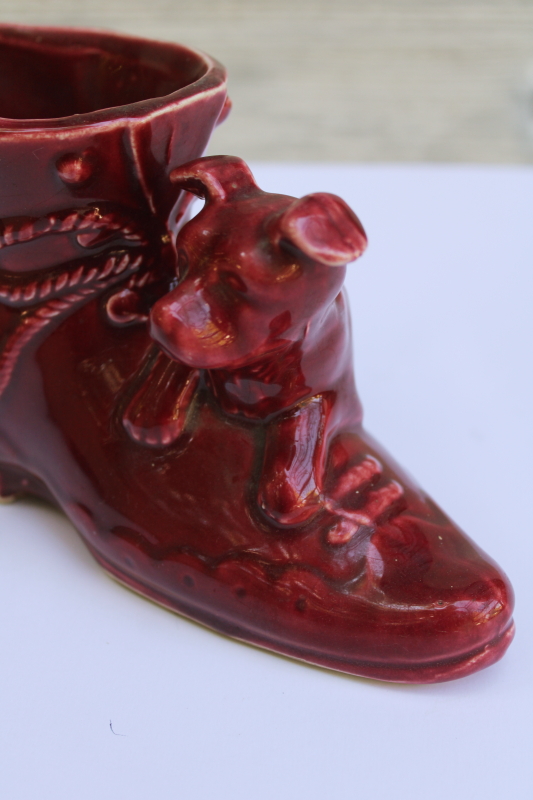 photo of 1940s vintage Shawnee pottery planter, shoe or boot w/ puppy dog burgundy glaze  #2