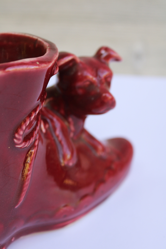 photo of 1940s vintage Shawnee pottery planter, shoe or boot w/ puppy dog burgundy glaze  #3