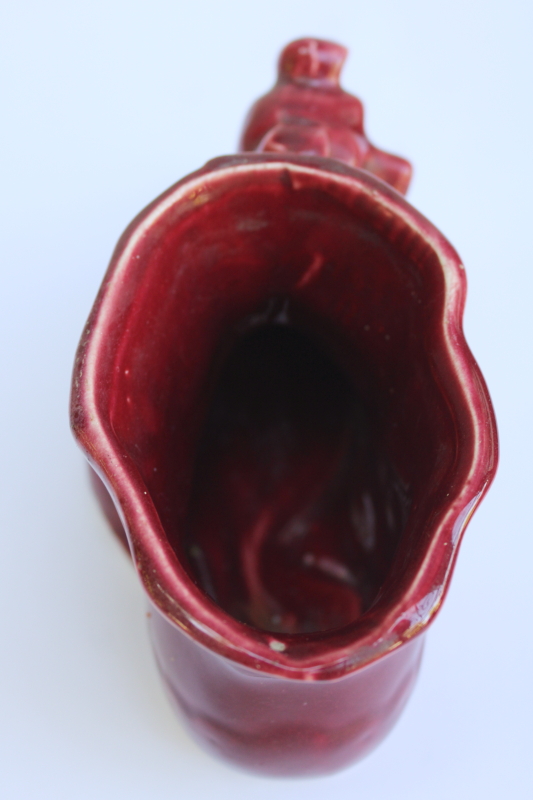 photo of 1940s vintage Shawnee pottery planter, shoe or boot w/ puppy dog burgundy glaze  #4