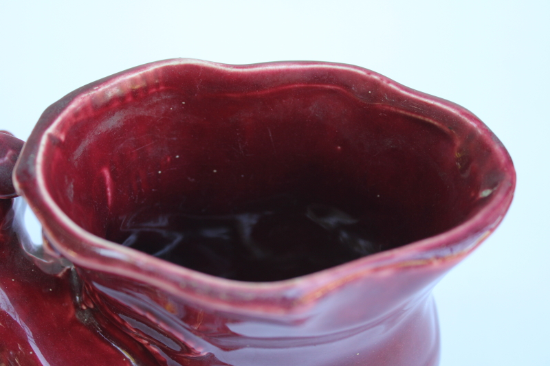 photo of 1940s vintage Shawnee pottery planter, shoe or boot w/ puppy dog burgundy glaze  #5