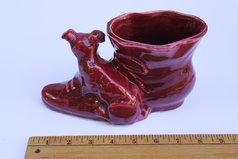 photo of 1940s vintage Shawnee pottery planter, shoe or boot w/ puppy dog burgundy glaze  #6
