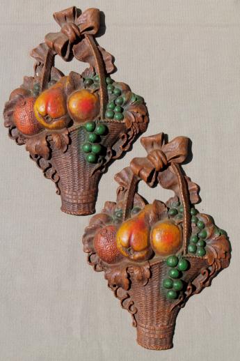 photo of 1940s vintage Syroco Wood wall art pieces, pair of flower basket plaques #1