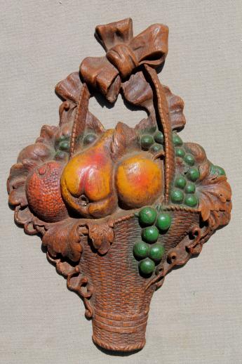 photo of 1940s vintage Syroco Wood wall art pieces, pair of flower basket plaques #2