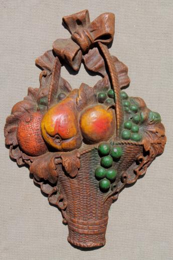 photo of 1940s vintage Syroco Wood wall art pieces, pair of flower basket plaques #3